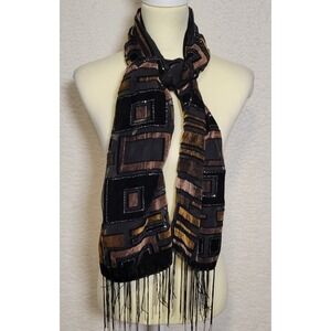 Silk Viscose Women's Scarf Black Brown Rhinestone Shawl 59" x 21" Rectangle 1069